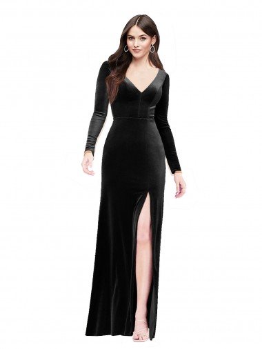 Shop Long Sleeves Formal Velvet Bridesmaid Dress / Prom Dress with V-Neckline and Thigh Slit Sydney