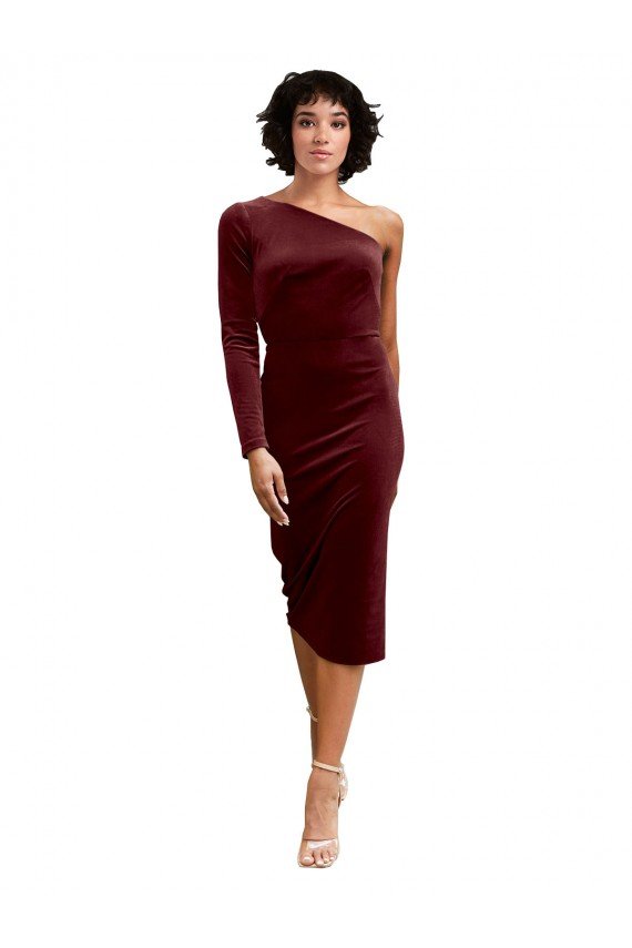 Shop One Shoulder Fitted Short Midi Length Velvet Bridesmaid Dress / Prom Dress Sydney
