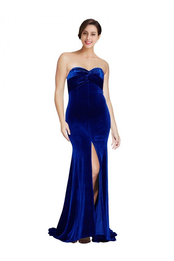 Shop Strapless Ruched Formal Velvet Bridesmaid Dress / Prom Dress with Sweep Train and Front Slit Sydney