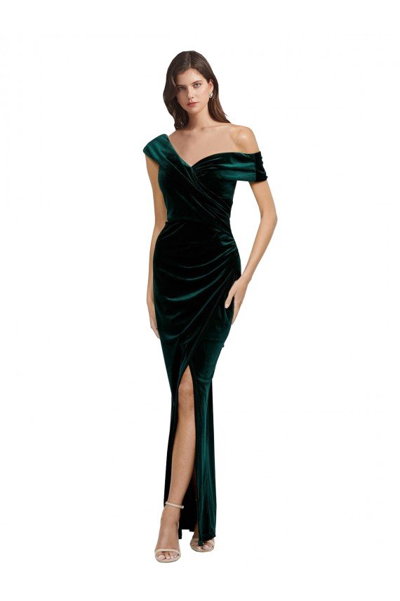 Shop Long Asymmetric Neckline Ruched Formal Velvet Bridesmaid Dress / Prom Dress Sydney