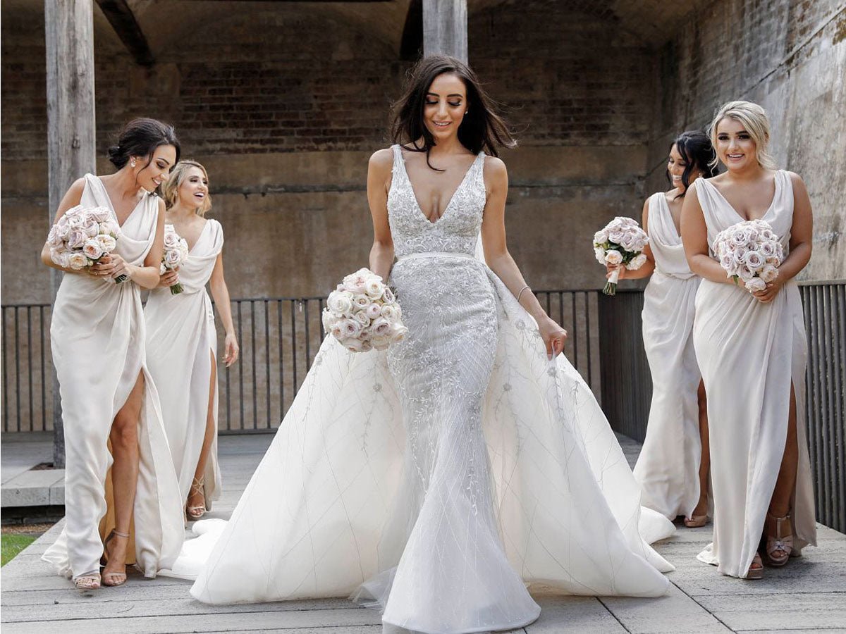 Full Length Luxe Chiffon Long Champagne bridesmaid dresses Sydney with Sexy High Slit and Front Ruffles
