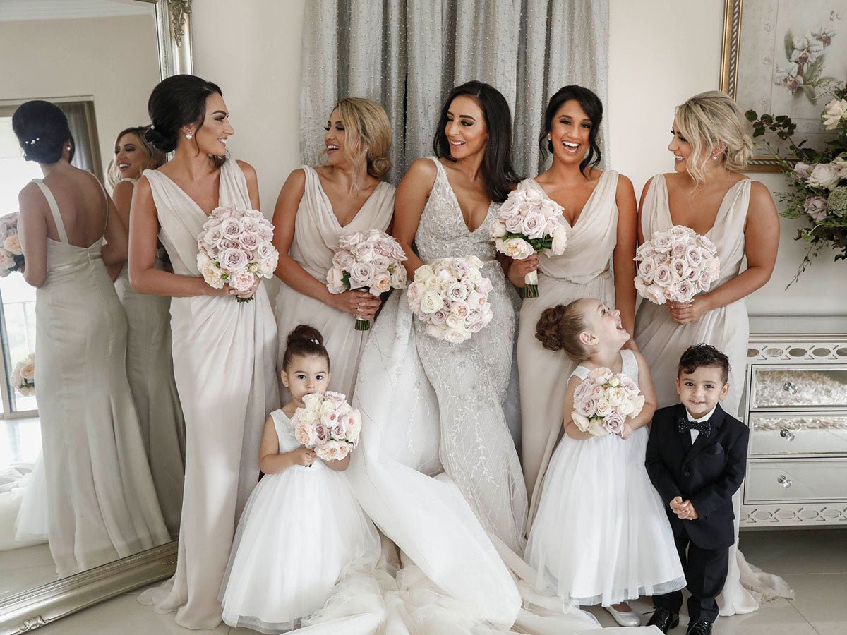 Full Length Luxe Chiffon Long Champagne bridesmaid dresses Sydney with Sexy High Slit and Front Ruffles