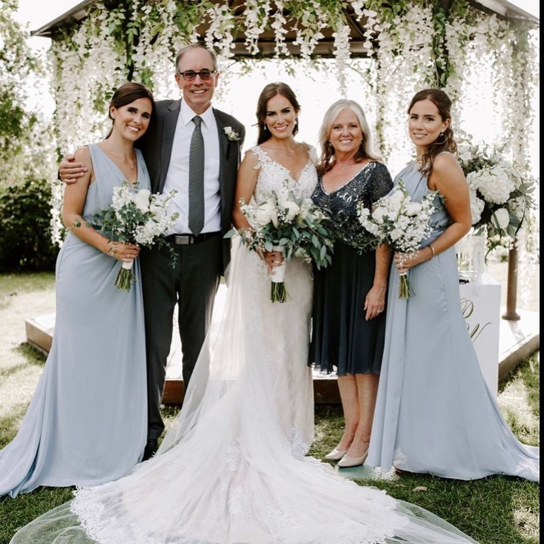 Dusty Blue Full Length Luxe Chiffon Long Champagne bridesmaid dresses Sydney with Sexy High Slit and Front Ruffles